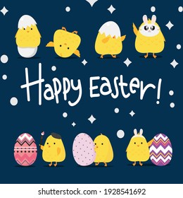 Frohe Ostern-Plakat. süße Küken und Osterei-Grußkarte. Banner-Vorlage auf blauem Hintergrund, Vektorgrafik