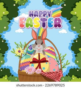 Happy Easter Day Poster Design with Bunny and Colourful eggs illustration