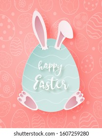 Happy Easter day poster and greeting card with bunny hide in big egg in paper cut style. Digital craft paper art.