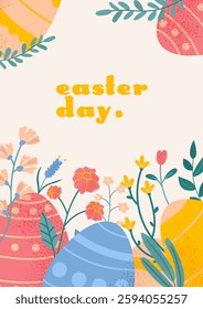 Happy Easter day poster. Holiday greeting background with eggs, flowers and leaves. Cute vector illustration in pink, yellow, blue colors

