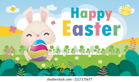 Happy Easter day poster. Little Rabbit Bunny with a painted egg with greeting card. Easter festival background with bunny and eggs on grass, banner template isolated vector illustration