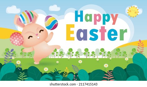 Happy Easter day poster. Little Rabbit Bunny with a painted egg with greeting card. Easter festival background with bunny and eggs on grass, banner template isolated vector illustration