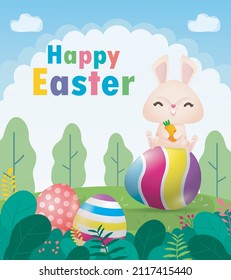 Happy Easter day poster. Little Rabbit Bunny with a painted egg with greeting card. Easter festival background with bunny and eggs on grass, banner template isolated vector illustration