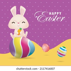 Happy Easter day poster. Little Rabbit Bunny with a painted egg with greeting card. Easter festival background banner template isolated vector illustration