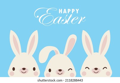 Happy Easter day poster. Little Rabbit Bunny cartoon flat with greeting card. Easter egg festival background banner template isolated vector illustration