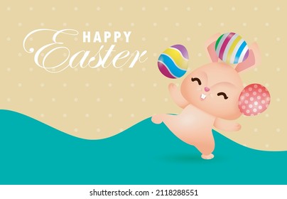 Afiche del Feliz Día de Pascua. Pequeño conejo con malabares pintados de huevo con tarjeta de saludo. Plantilla de banner de fondo del festival de Pascua ilustraciones vectoriales aisladas