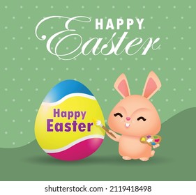 Happy Easter day poster. Little Rabbit Bunny with a painted egg with greeting card. Easter festival background banner template isolated vector illustration