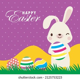 Happy Easter day poster. Little Rabbit Bunny cartoon flat design with greeting card. Easter egg festival background banner template isolated vector illustration