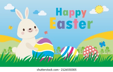 Happy Easter day poster. Little Rabbit Bunny cartoon flat design with greeting card. Easter egg festival background banner template isolated vector illustration