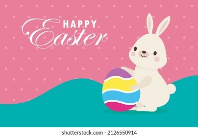 Happy Easter day poster. Little Rabbit Bunny cartoon flat design with greeting card. Easter egg festival background banner template isolated vector illustration