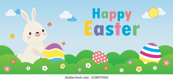 Happy Easter day poster. Little Rabbit Bunny cartoon flat design with greeting card. Easter egg festival background banner template isolated vector illustration