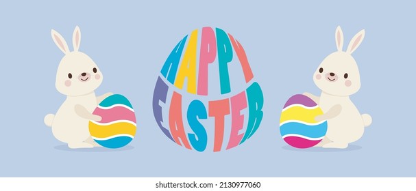 Happy Easter day poster. Little Rabbit Bunny cartoon flat design with greeting card. Easter egg festival background banner template isolated vector illustration