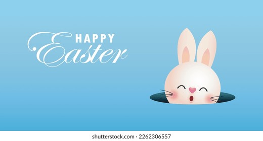 Happy Easter day poster. Little Rabbit Bunny cartoon design with greeting card. Easter egg festival oster background banner template isolated vector illustration