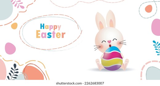 Happy Easter day poster. Little Rabbit Bunny cartoon design with greeting card. Easter egg festival poster background banner template isolated vector illustration