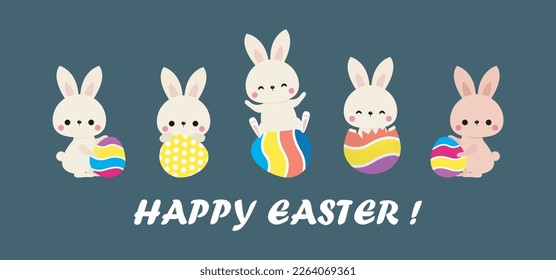 Happy Easter day poster. Little Rabbit Bunny cartoon flat design with greeting card. Easter egg festival wallpaper background banner template isolated vector illustration