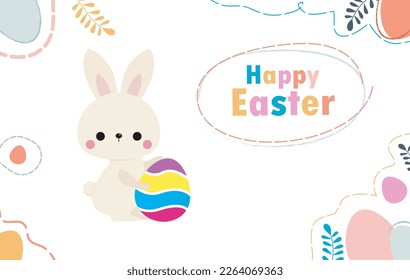Happy Easter day poster. Little Rabbit Bunny cartoon flat design with greeting card. Easter egg festival wallpaper background banner template isolated vector illustration