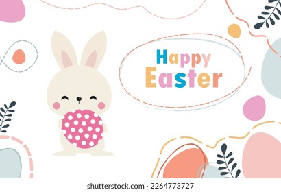 Happy Easter day poster. Little Rabbit Bunny cartoon flat design with greeting card. Easter egg festival wallpaper background banner template isolated vector illustration