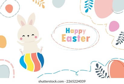 Happy Easter day poster. Little Rabbit Bunny cartoon flat design with greeting card. Easter egg festival wallpaper background banner template isolated vector illustration