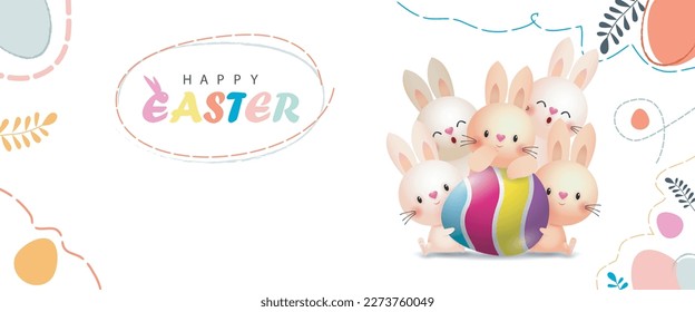 Happy Easter day poster. Little Rabbit Bunny cartoon design with greeting card. Easter egg festival poster background banner template isolated vector illustration