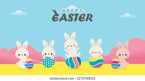 Happy Easter day poster. Little Rabbit Bunny cartoon design with greeting card. Easter egg festival poster background banner template isolated vector illustration