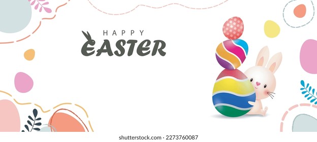 Happy Easter day poster. Little Rabbit Bunny cartoon design with greeting card. Easter egg festival poster background banner template isolated vector illustration