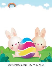 Happy Easter day poster. Little Rabbit Bunny cartoon design with greeting card. Easter egg festival poster background banner template isolated vector illustration
