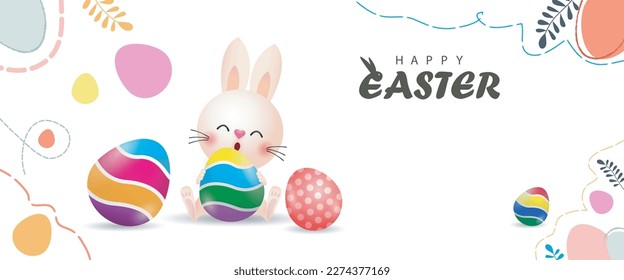 Happy Easter day poster. Little Rabbit Bunny cartoon design with greeting card. Easter egg festival poster background banner template isolated vector illustration