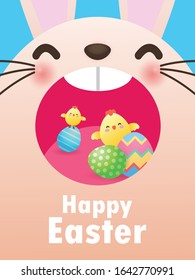 Happy Easter day poster. Rabbit Bunny and cute chicks Easter egg greeting card. banner template isolated on Background vector illustration