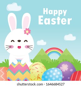 Happy Easter day poster. Rabbit Bunny and Easter egg greeting card. banner template isolated on Background vector illustration