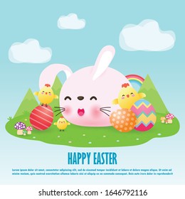 Happy Easter day poster. Rabbit Bunny and cute chicks Easter egg greeting card. banner template isolated on Background vector illustration