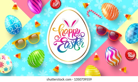 Happy Easter Day Poster and template with colorful Painted Easter Eggs.Handwriting inscription Happy Easter Day.Promotion and shopping template for Easter Day.Vector illustration EPS10