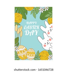 Happy easter day poster.Cute rabbit with egg cartoon on blue background.Kid graphic.Vector.Illustration.