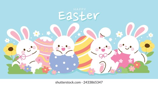 Happy Easter day rabbit background vector. Cute wallpaper of lovely white rabbit, easter eggs, bunny, flower, leaf. Spring April holiday illustration for banner, greeting card, social media.