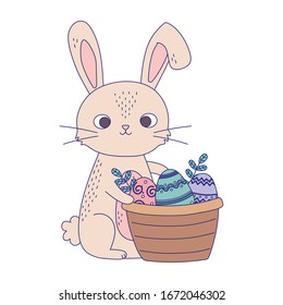 happy easter day, rabbit with basket eggs leaves cartoon vector illustration