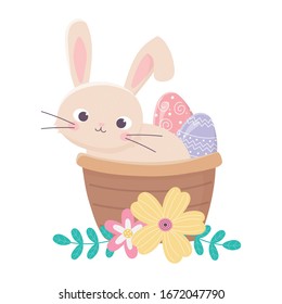 happy easter day, rabbit in basket painted egg flowers decoration vector illustration