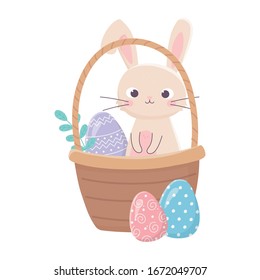 feliz día de Pascua, conejo en cesta con hojas de huevo ilustración vectorial