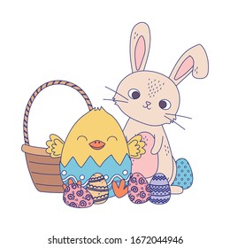 happy easter day, rabbit chicken in eggshell basket eggs decoration vector illustration