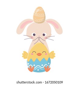 happy easter day, rabbit with egg in head and chicken in eggshell grass nature vector illustration
