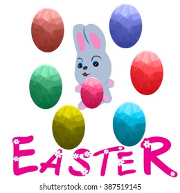 Happy Easter day with rabbit holding red eggs. Colorful of Easter eggs with text"Easter with flowers" 