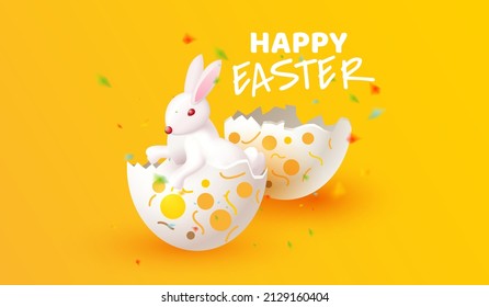 Happy easter day with rabbit out realistic egg festive background. holiday symbol celebration design. Creative composition for poster brochure and flyer 3d Vector illustration style