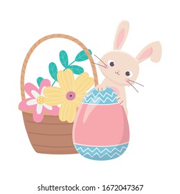 happy easter day, rabbit with painted egg flowers in basket decoration vector illustration