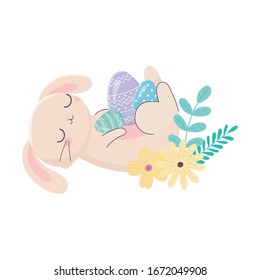happy easter day, rabbit resting with eggs flowers foliage cartoon vector illustration