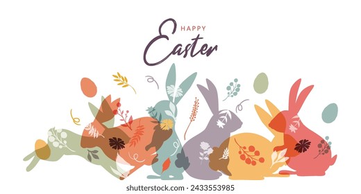 Glücklicher Ostertag, mit Kaninchensilhouette, Blume und Eiern. Isoliert auf weißem Hintergrund 
