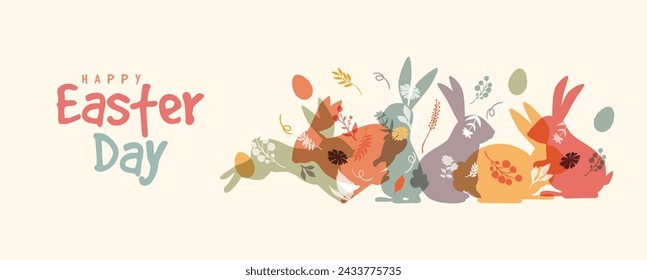 Happy easter day, with rabbit silhouette, flower and eggs. Isolated on white background