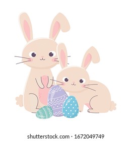 happy easter day, rabbits and decorative eggs nature vector illustration