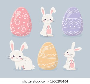 happy easter day rabbits and eggs celebration icons vector illustration