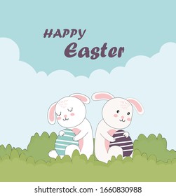 Happy Easter day. Rabbits holding eggs on glass. Rabbit and sky blue background.