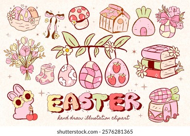 Happy easter day, retro bunny, cute Easter rabbit, eggs, spring flowers in pastel colors, soft pink. Easter posters, covers, labels templates set, Vintage Easter rabbit, Vector illustration