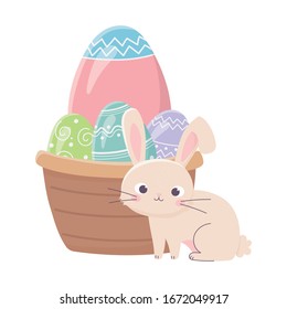 happy easter day, rrabbit basket with decorative eggs celebration vector illustration