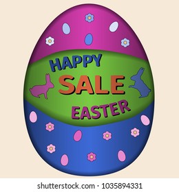 Happy Easter Day Sale card illustration vector. Rabbit and Easter eggs in composition.